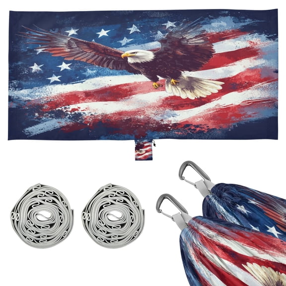 Wobogo American Flag with Eagle Camping Hammocks 330 lb Capacity with Tree Straps and Hanging Pockets for Outside Hiking Beach Backpack Travel