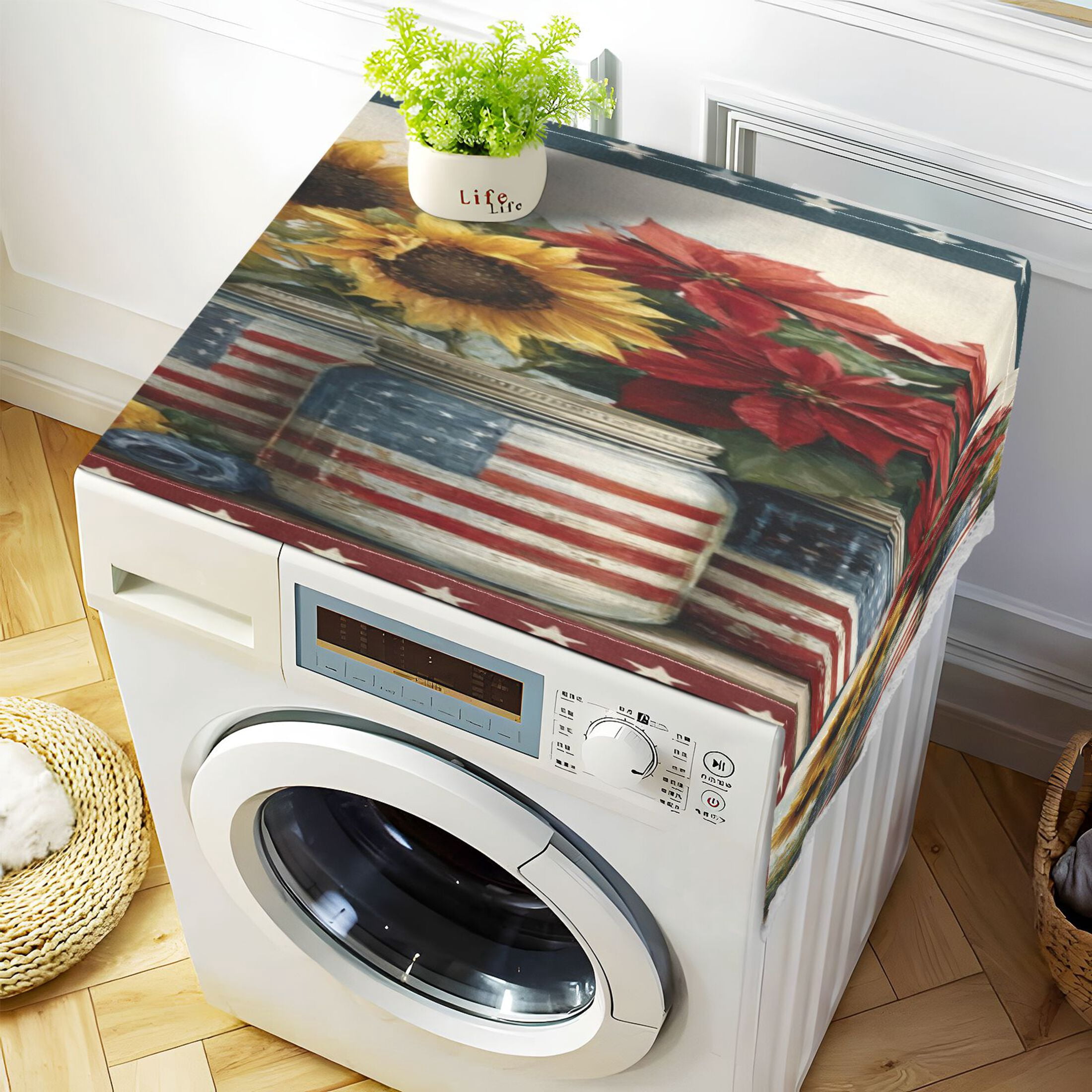 Wobogo American Patriotic Floral Washing Machine Cover Dustproof Washer Dryer Cover Waterproof Laundry Room Decorative Protector