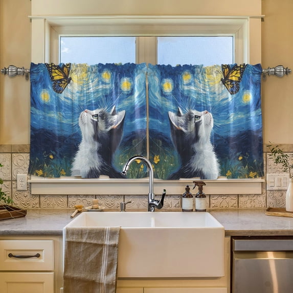 Wobogo American Shorthair Cat Kitchen Curtains 2 Piece Set Symmetrical Design Light Filtering Small Window Drapes Suitable for Bathroom Laundry Room and RV 57x24in