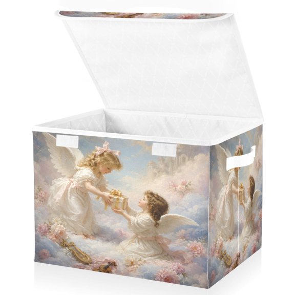 Wobogo Angel Artwork Large Collapsible Storage Box Flip Lid Fabric Decorative Organizer Container Basket with Handles 16.512.611.8in