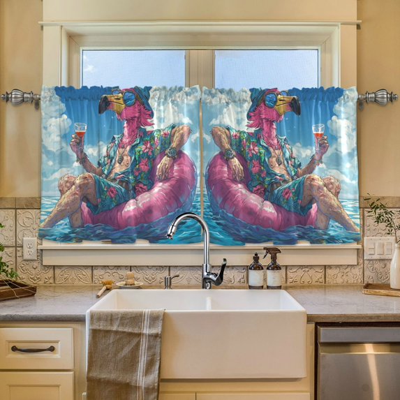 Wobogo Anime Flamingo Kitchen Curtains 2 Piece Set Symmetrical Design Light Filtering Small Window Drapes Suitable for Bathroom Laundry Room and RV 57x36in