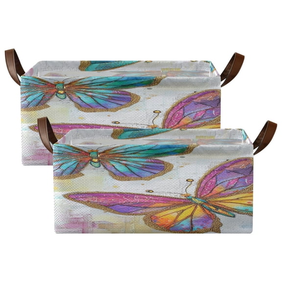 Wobogo Artistic Butterfly Storage Basket Soccer Plaid Fabric Oversized Collapsible Hoard Box with Metal Iron Frame Two Piece Set 16.9×11.4×7.7in