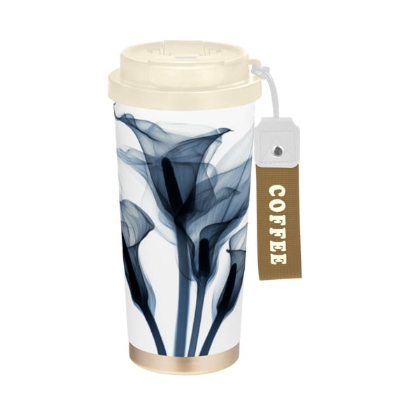 Wobogo Arum Lilies Double Drinking Coffee Cup Insulated Mug with Food-grade 316 Stainless Steel Beige Lid