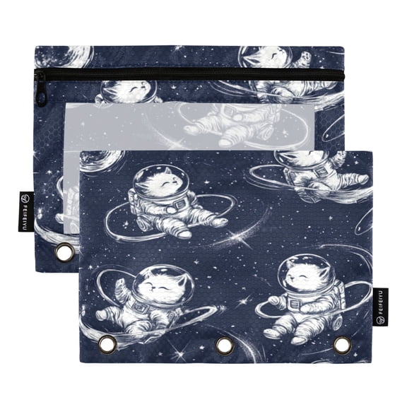 Wobogo Astronaut Cat Blue Stars Pencil Pouch with 3 Ring Binder Holes Set of 2 for Learning Tools