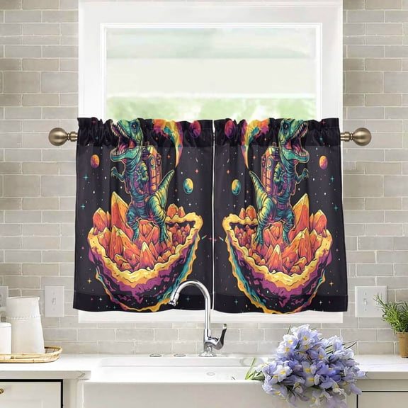 Wobogo Astronaut Tyrannosaurus Rex Kitchen Curtains 2 Piece Set Farmhouse Country Style Light Filtering Small Window Drapes Suitable for Bathroom Laundry Room and RV 27x24in