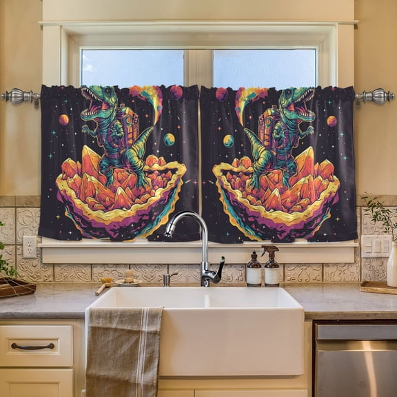 Wobogo Astronaut Tyrannosaurus Rex Kitchen Curtains 2 Piece Set Symmetrical Design Light Filtering Small Window Drapes Suitable for Bathroom Laundry Room and RV 57x24in