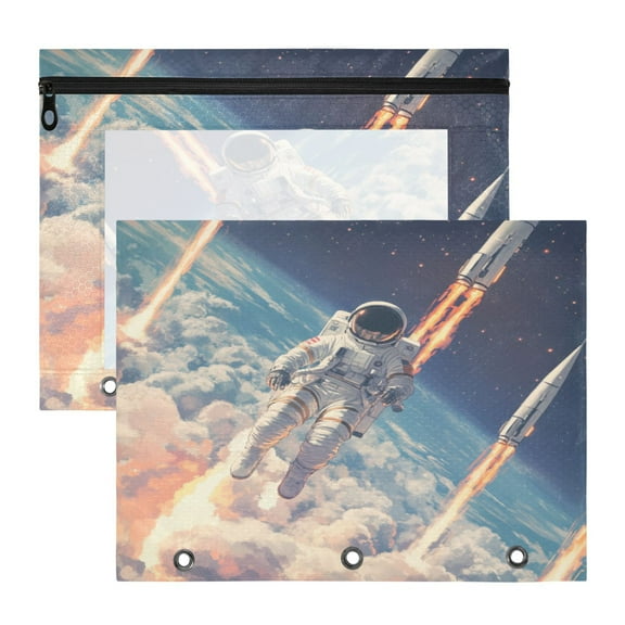 Wobogo Astronauts Fly Into Space A4 Size Clear Polyester File Pocket Set of 2 Zipper Home Work Office Organizer