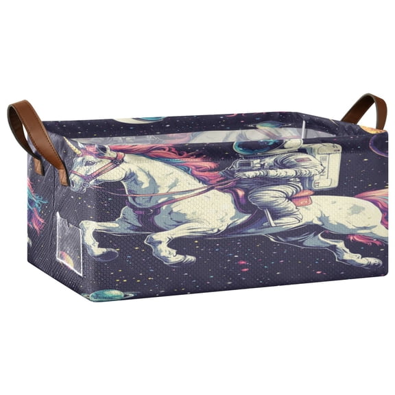 Wobogo Astronauts Riding Unicorns Pattern Storage Basket Soccer Plaid Fabric Oversized Collapsible Hoard Box with Metal Iron Frame 16.9×11.4×7.7in