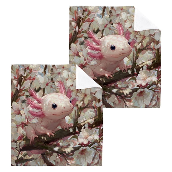 Wobogo Axolotl Cherry Blossom Square Cotton Towel Set of 2 Soft and Skin-friendly with Good Absorbency 12×12in
