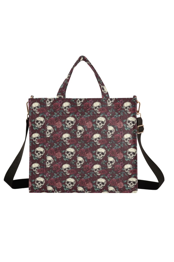 Wobogo Bad Joke Skulls Red Rose Corduroy Tote Bag for Women Travel Crossbody Bag Purse Women Shoulder Bags Work Handbags Daily Commuter Bag 10.2×9inch