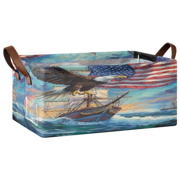 Wobogo Bald Eagle Sailboat Storage Basket Soccer Plaid Fabric Oversized Collapsible Hoard Box with Metal Iron Frame 16.9×11.4×7.7in