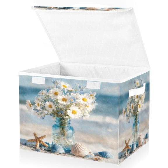 Wobogo Beach Flowers Large Collapsible Storage Box Flip Lid Fabric Decorative Organizer Container Basket with Handles 16.512.611.8in