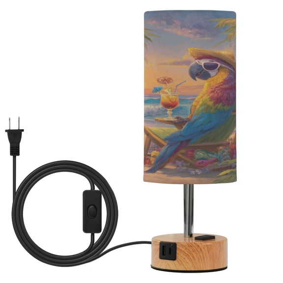Wobogo Beach Parrot Bedside Lamp Touch Control Table Lamp with USB A+C Charging Ports & AC Outlet 3-Way Dimmable Nightstand Lamp with Linen Fabric Shade for Bedroom Living Room