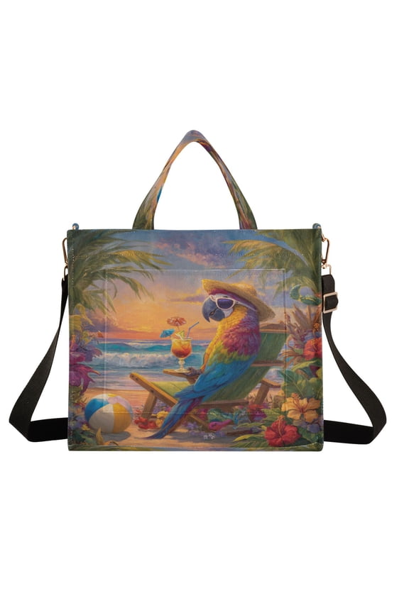 Wobogo Beach Parrot Corduroy Tote Bag for Women Travel Crossbody Bag Purse Women Shoulder Bags Work Handbags Daily Commuter Bag 10.2×9inch