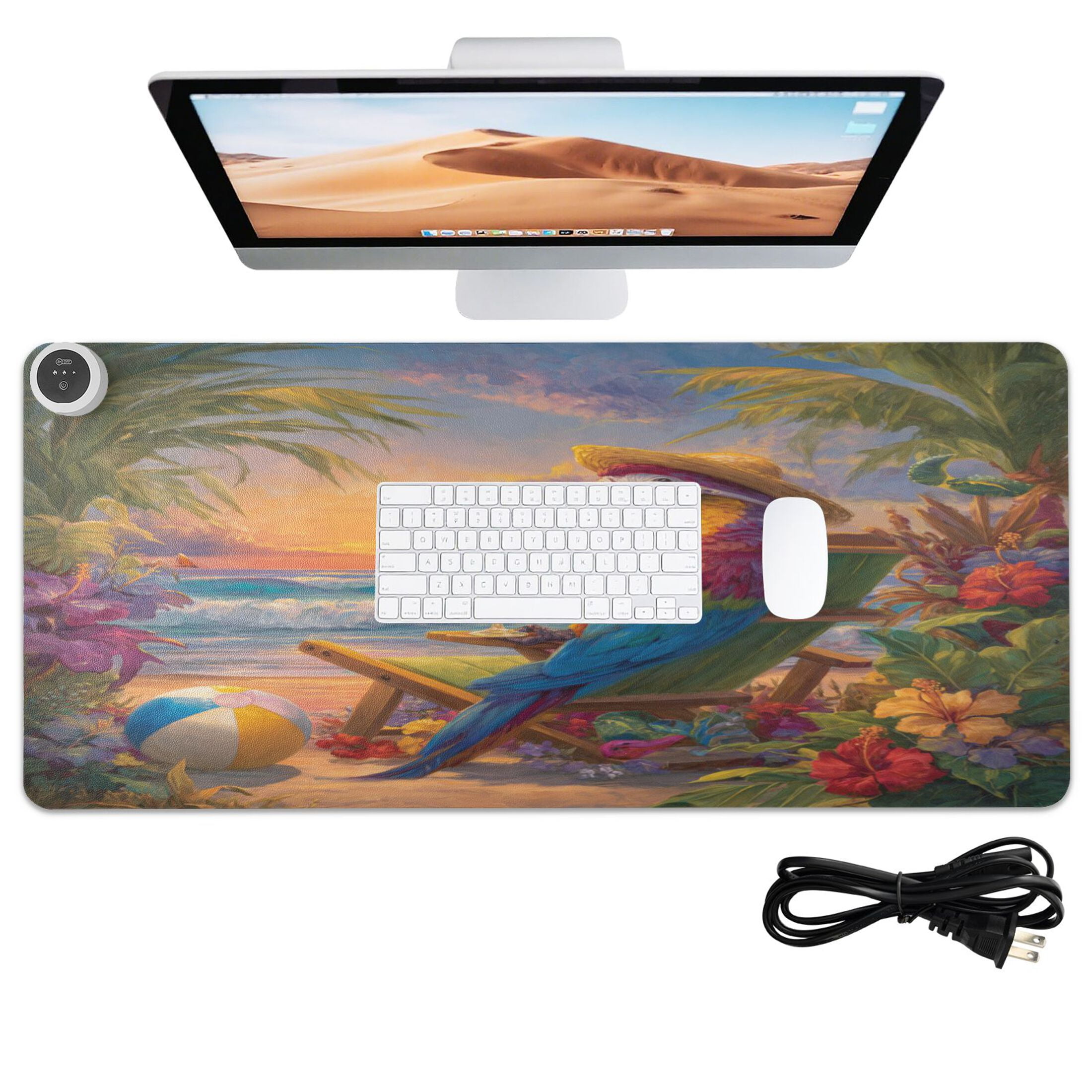 Wobogo Beach Parrot Heated Mouse Pad Extra-Large Desk Mat With 3 Heating Levels and 3-hour Auto Shut-Off Protection Ideal for Computer Keyboards Home Office Hand-warming Essential 31.5in × 13in