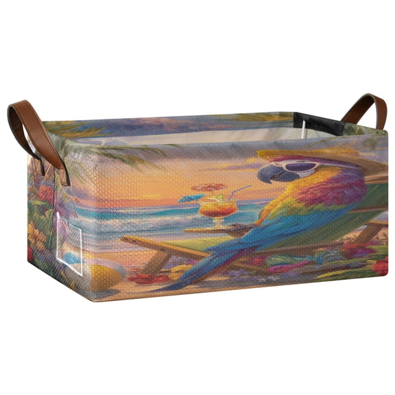 Wobogo Beach Parrot Storage Basket Soccer Plaid Fabric Oversized Collapsible Hoard Box with Metal Iron Frame 16.9×11.4×7.7in