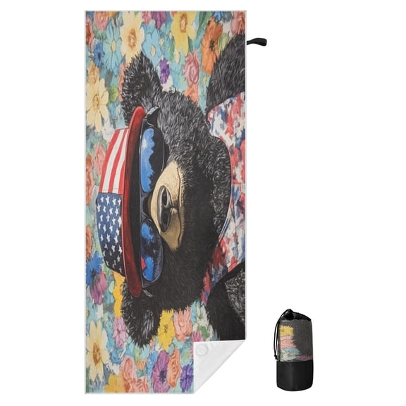 Wobogo Sand Free Beach Towel Black Teddy Bear Quick Dry Waffle Towel with Magnet Corners Travel Pool Camping