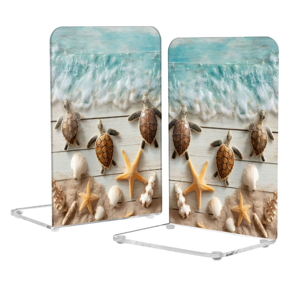 Wobogo Beach Turtle Acrylic Bookends Clear L-Shaped Book Holder with Non-Slip Pads for Books Files Magazines CD DVD 5.44.18.1in