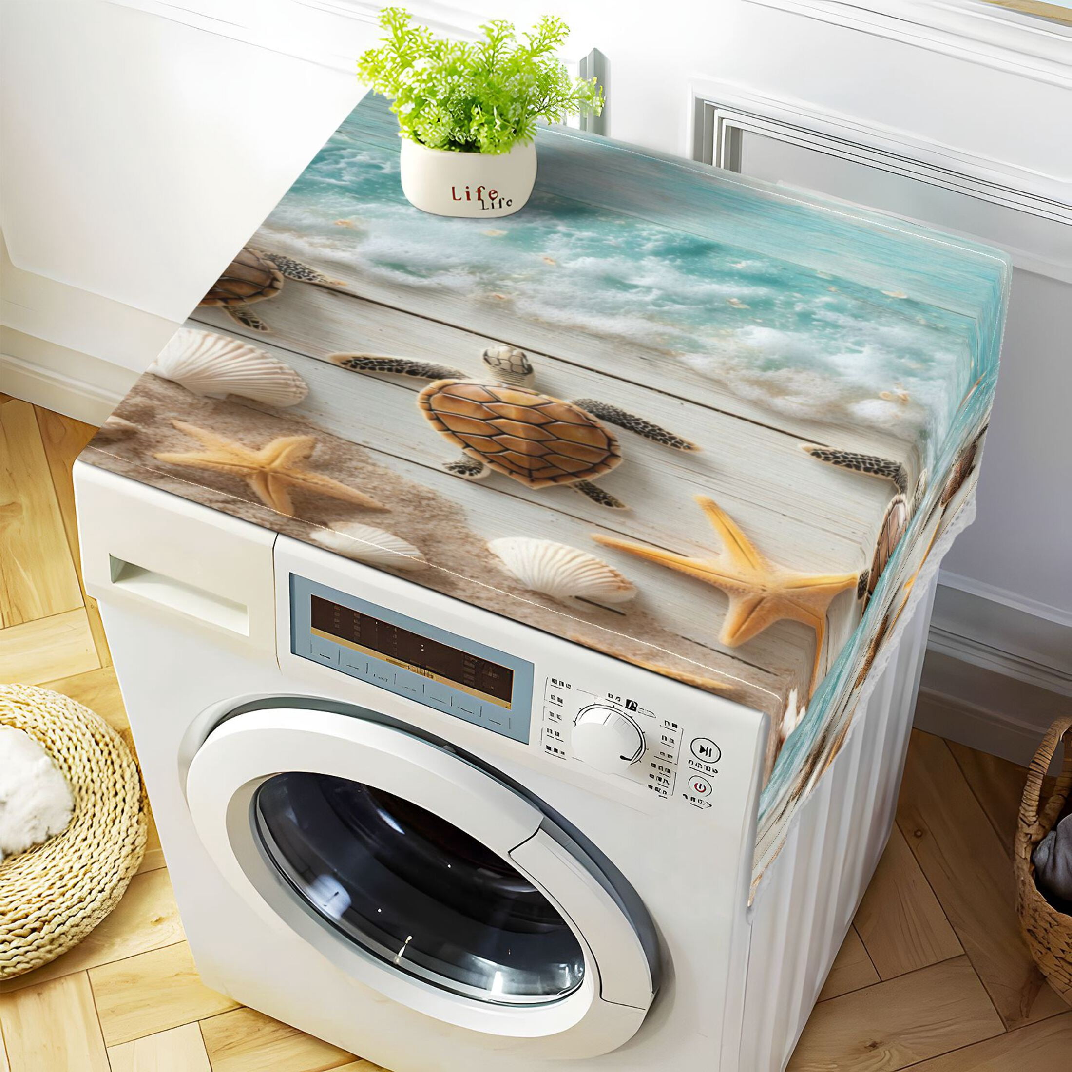 Wobogo Beach Turtle Washing Machine Cover Dustproof Washer Dryer Cover Waterproof Laundry Room Decorative Protector