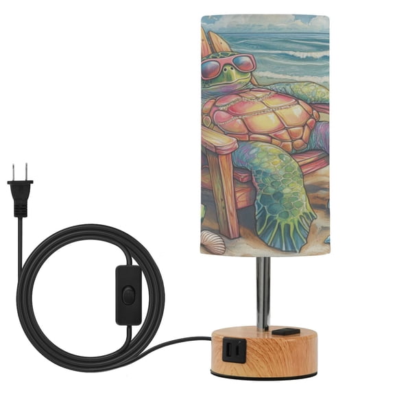 Wobogo Beach Turtles Bedside Lamp Touch Control Table Lamp with USB A+C Charging Ports & AC Outlet 3-Way Dimmable Nightstand Lamp with Linen Fabric Shade for Bedroom Living Room
