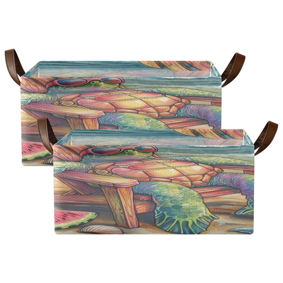 Wobogo Beach Turtles Storage Basket Soccer Plaid Fabric Oversized Collapsible Hoard Box with Metal Iron Frame Two Piece Set 16.9×11.4×7.7in