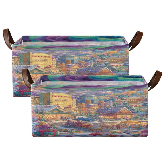 Wobogo Beautiful Christmas Scene Storage Basket Soccer Plaid Fabric Oversized Collapsible Hoard Box with Metal Iron Frame Two Piece Set 16.9×11.4×7.7in