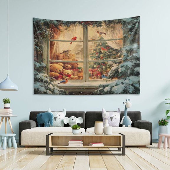 Wobogo Beautiful Christmas Window Tapestry 60×51in Home Living Room Bedroom Wall Hanging Ornaments
