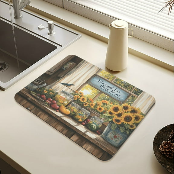 Wobogo Beautiful Country Kitchen Dish Drying Mats Diatomaceous Earth Super Absorbent Non-slip Rubber Sole 15.7×11.8in