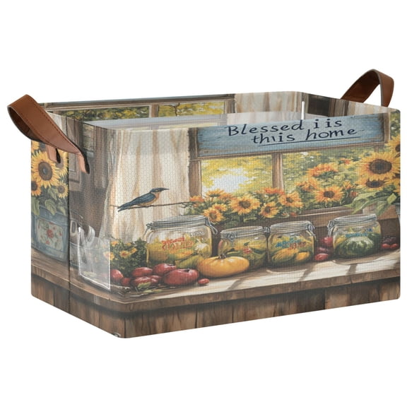 Wobogo Beautiful Country Kitchen Storage Basket 16.9×11.4×10in Collapsible Oversized with Metal Iron Frame