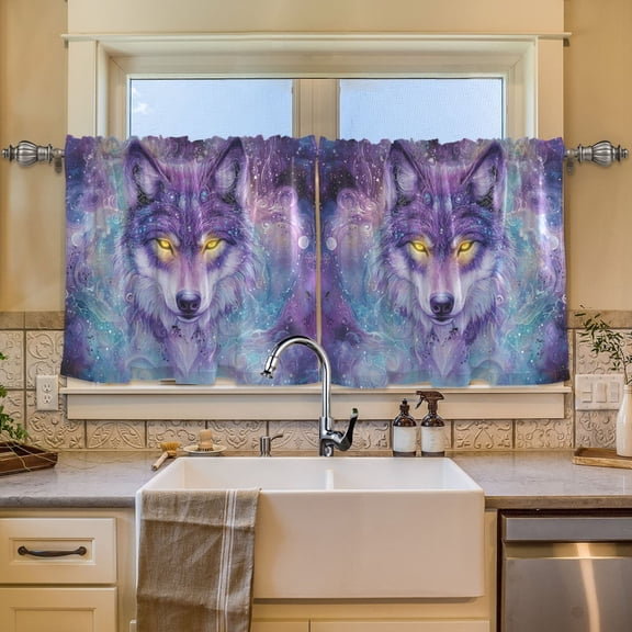 Wobogo Beautiful Fantasy Wolf Kitchen Curtains 2 Piece Set Symmetrical Design Light Filtering Small Window Drapes Suitable for Bathroom Laundry Room and RV 57x24in