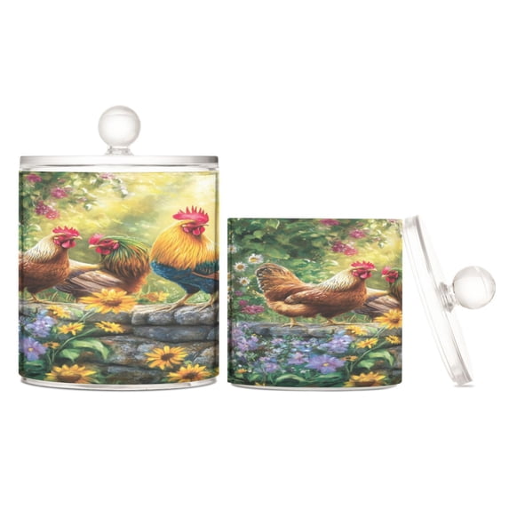Wobogo Beautiful Rooster Clear Plastic Jar Large and Medium Combo Set Cotton Swabs Balls Dental Floss Sticks Cosmetic Storage Can