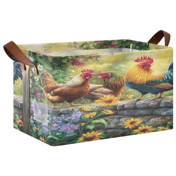 Wobogo Beautiful Rooster Storage Basket 16.9×11.4×10in Collapsible Oversized with Metal Iron Frame