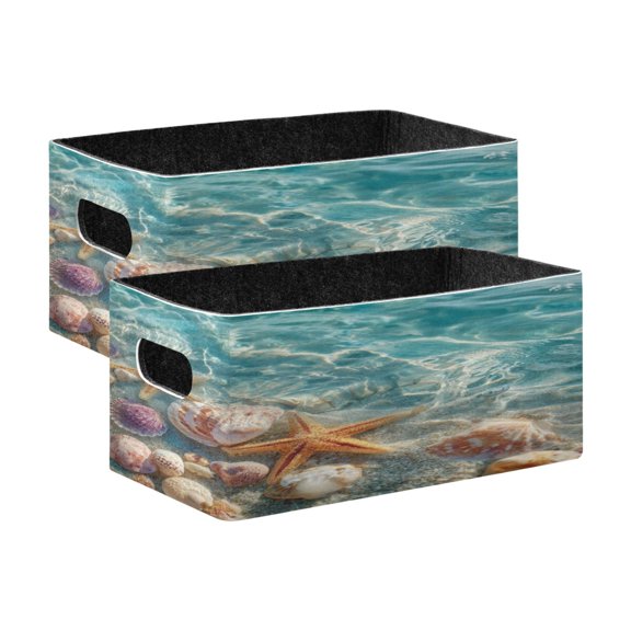 Wobogo Beautiful Starfish and Seashells Decorative Folding Storage Basket Felt Organizer Bin for Toys, Clothes, Desk