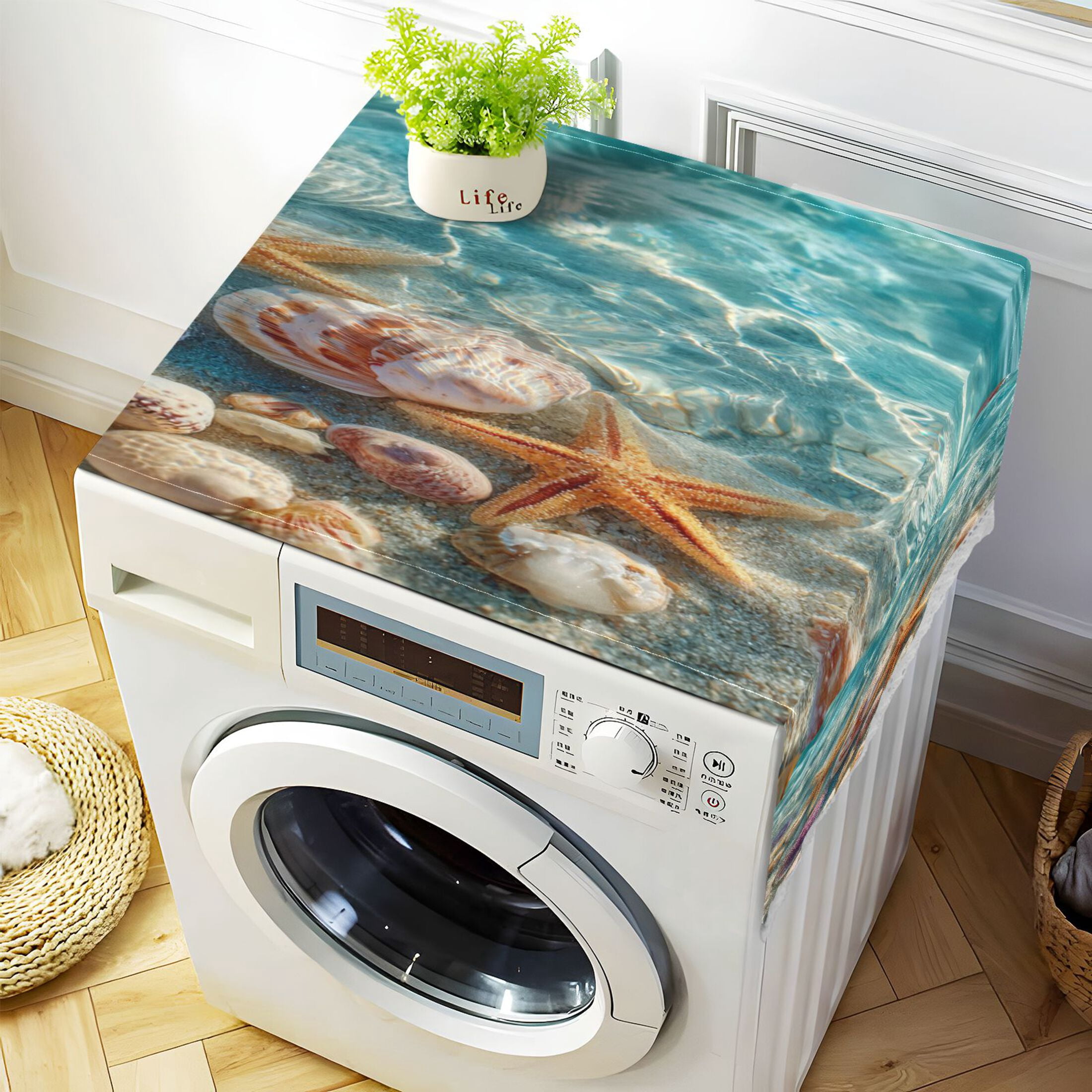 Wobogo Beautiful Starfish and Seashells Washing Machine Cover Dustproof Washer Dryer Cover Waterproof Laundry Room Decorative Protector