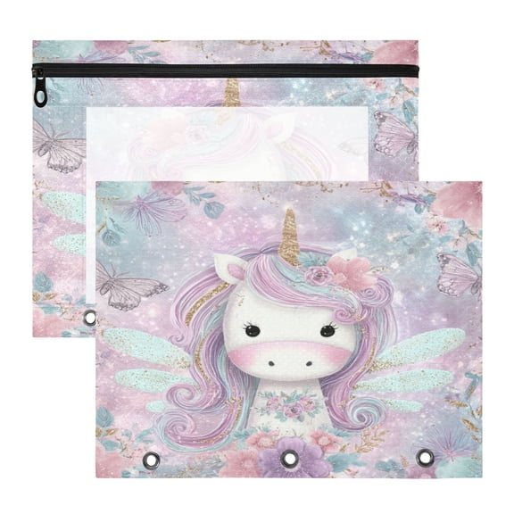 Wobogo Beautiful Unicorn A4 Size Clear Polyester File Pocket Set of 2 Zipper Home Work Office Organizer