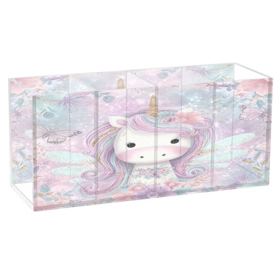 Wobogo Beautiful Unicorn Acrylic Pen Holder 4 Compartments Clear Pencil Organizer Makeup Brush Storage Case