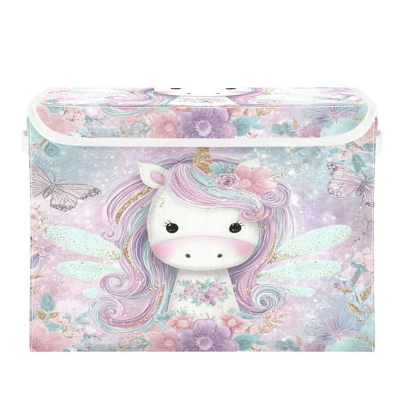 Wobogo Beautiful Unicorn Large Collapsible Storage Box Flip Lid Fabric Decorative Organizer Container Basket with Handles 16.512.611.8in