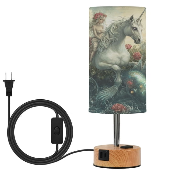 Wobogo Beauty and Unicorn Bedside Lamp Touch Control Table Lamp with USB A+C Charging Ports & AC Outlet 3-Way Dimmable Nightstand Lamp with Linen Fabric Shade for Bedroom Living Room