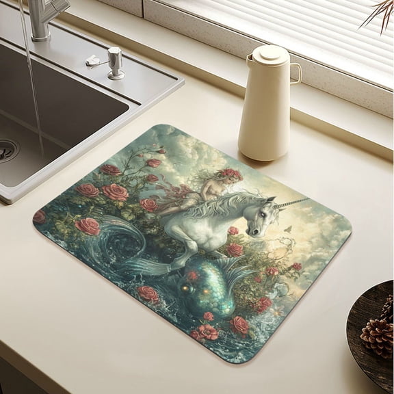 Wobogo Beauty and Unicorn Dish Drying Mats Diatomaceous Earth Super Absorbent Non-slip Rubber Sole 19.7×15.7in