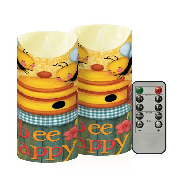 Wobogo Bee Happy Flameless Candles with Remote Battery Operated Flickering LED Candles with Timer 2/4/6/8H Medium Size