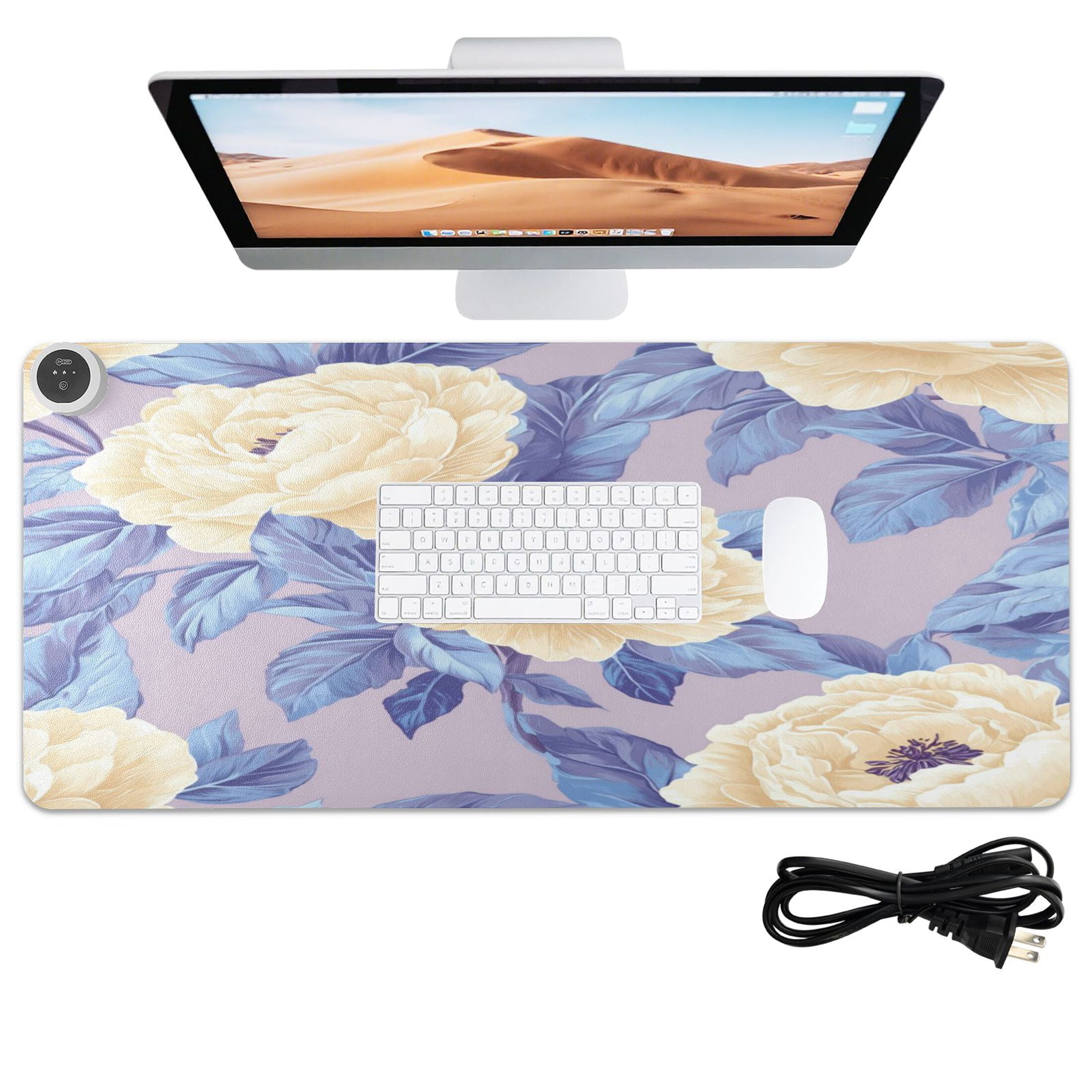 Wobogo Beige Peony Heated Mouse Pad Extra-Large Desk Mat With 3 Heating Levels and 3-hour Auto Shut-Off Protection Ideal for Computer Keyboards Home Office Hand-warming Essential 31.5in × 13in