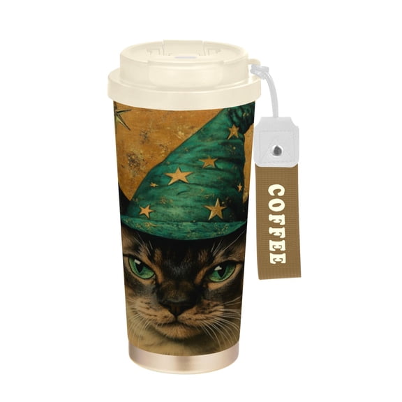 Wobogo Bengal Cat Double Drinking Coffee Cup Insulated Mug with Food-grade 316 Stainless Steel Beige Lid