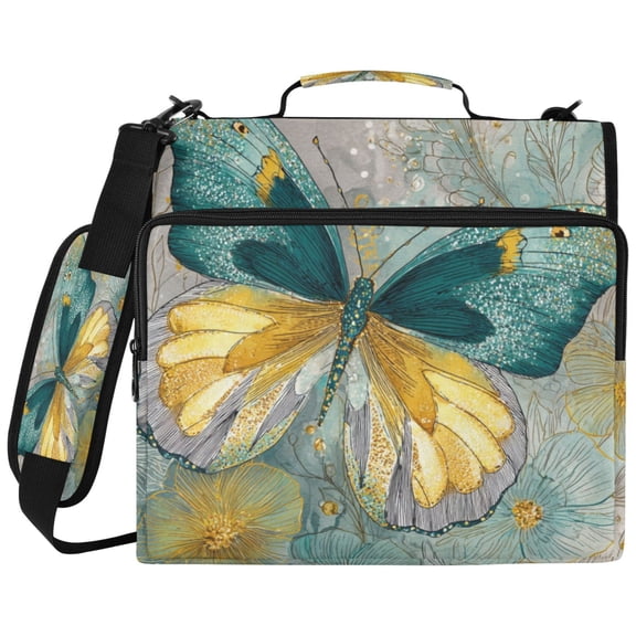Wobogo Binder Bag 3 Ring Binder Organizer Laptop Compartment Waterproof File Folder Case Large Capacity,Emerald Butterfly