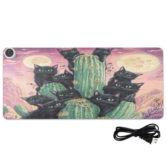 Wobogo Black Cat with Cactus Heated Mouse Pad With 3 Heating Levels and 3-hour Auto Shut-Off Protection Ideal for Computer Keyboards Home Office Hand-warming Essential