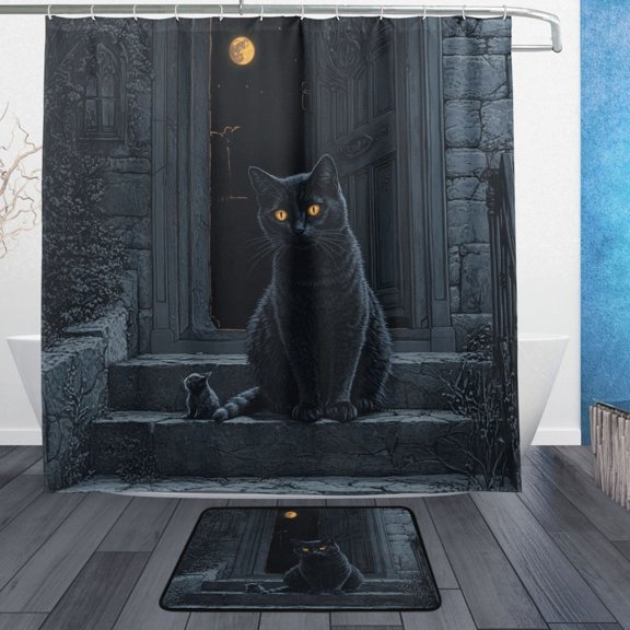 Wobogo Black Cat Guard Bathroom Shower Curtain Set with Floor Mat and Hooks Ultra Waterproof Visible Slider Beads