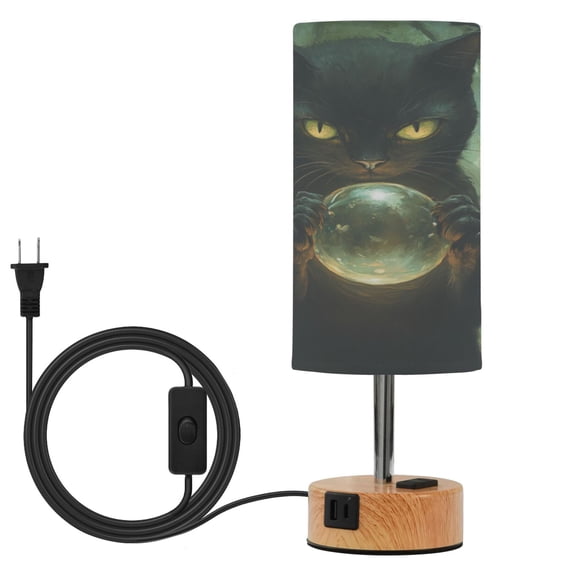 Wobogo Black Cat Magic Ball Bedside Lamp Touch Control Table Lamp with USB A+C Charging Ports & AC Outlet 3-Way Dimmable Nightstand Lamp with Linen Fabric Shade for Bedroom Living Room