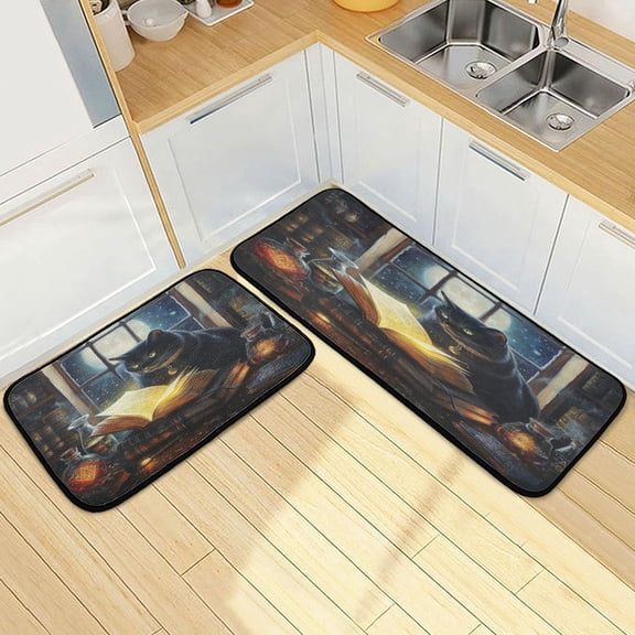 Wobogo Black Cat Magic Room Kitchen Carpet Set of 2 Absorbent and Stain Resistant Non-slip Star Rubber Backing