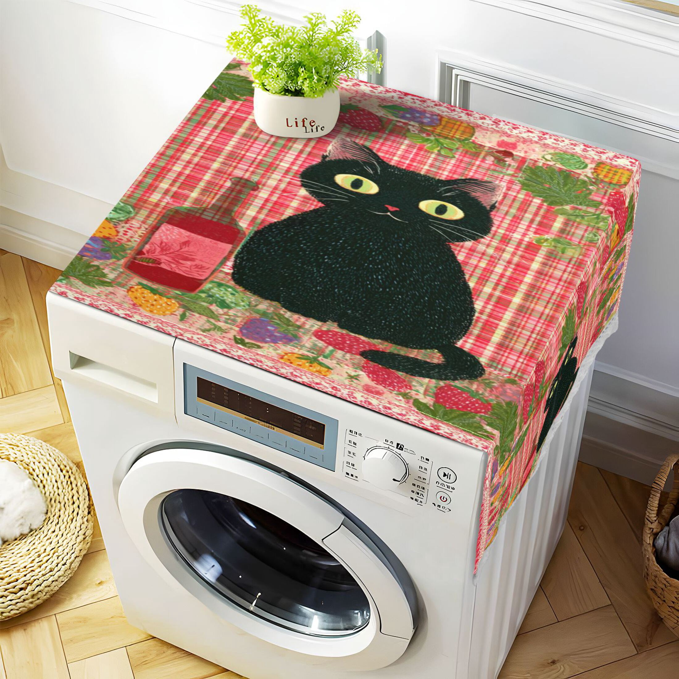 Wobogo Black Cat Motif Washing Machine Cover Dustproof Washer Dryer Cover Waterproof Laundry Room Decorative Protector