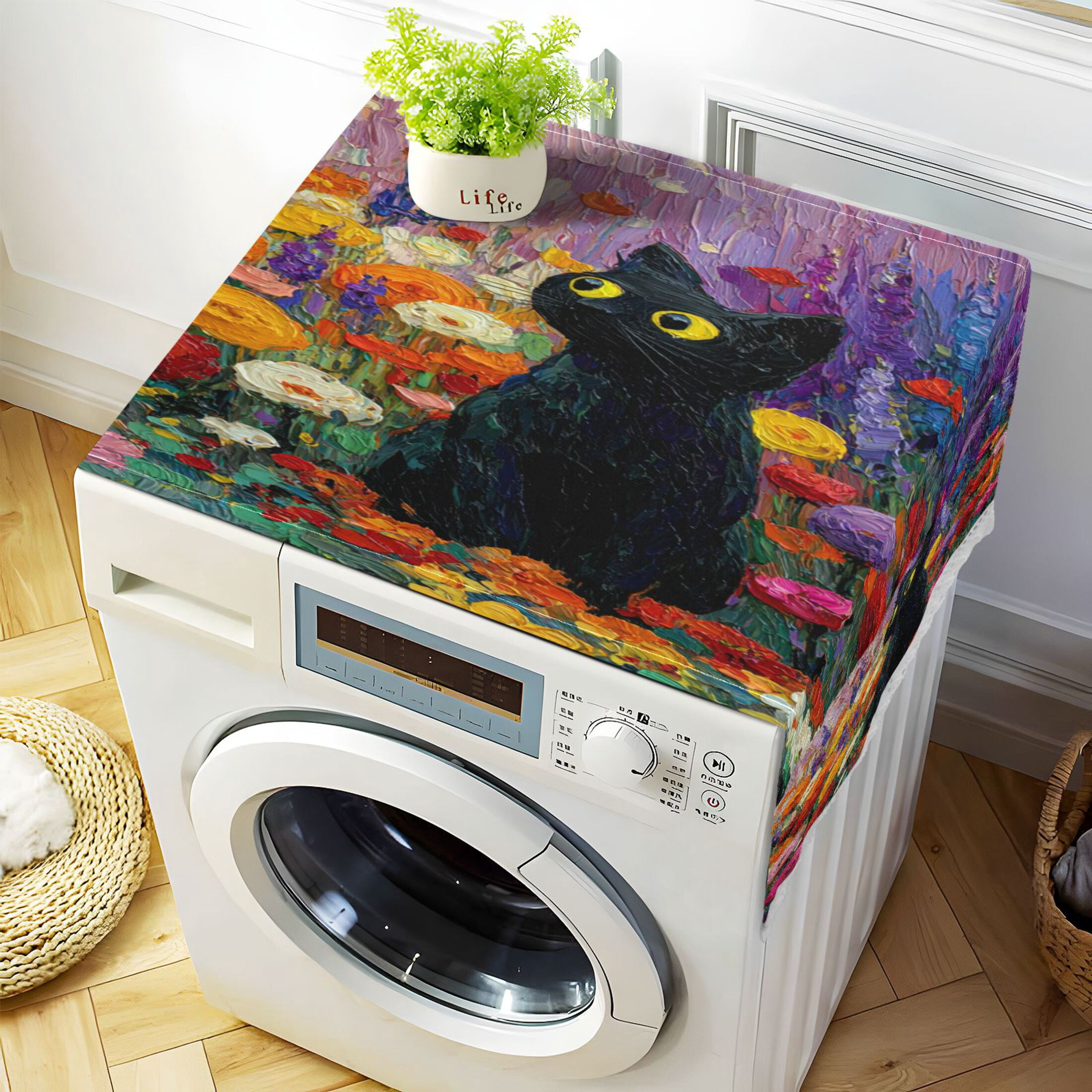 Wobogo Black Cat Rainbow Flower Washing Machine Cover Dustproof Washer Dryer Cover Waterproof Laundry Room Decorative Protector