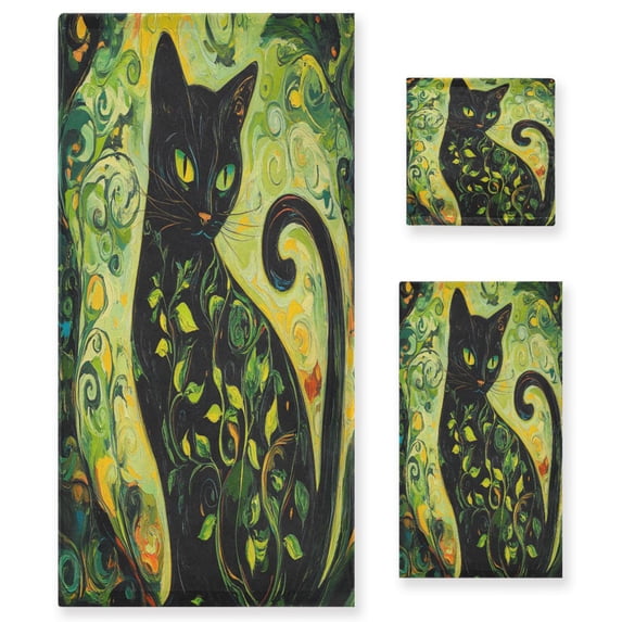 Wobogo Black Cat with Vines Ultra Soft 3 Pack Cotton Towel Set Includes 1 Bath Towel 1 Face Towel and 1 Washcloth for Everyday Use Lightweight and Compact